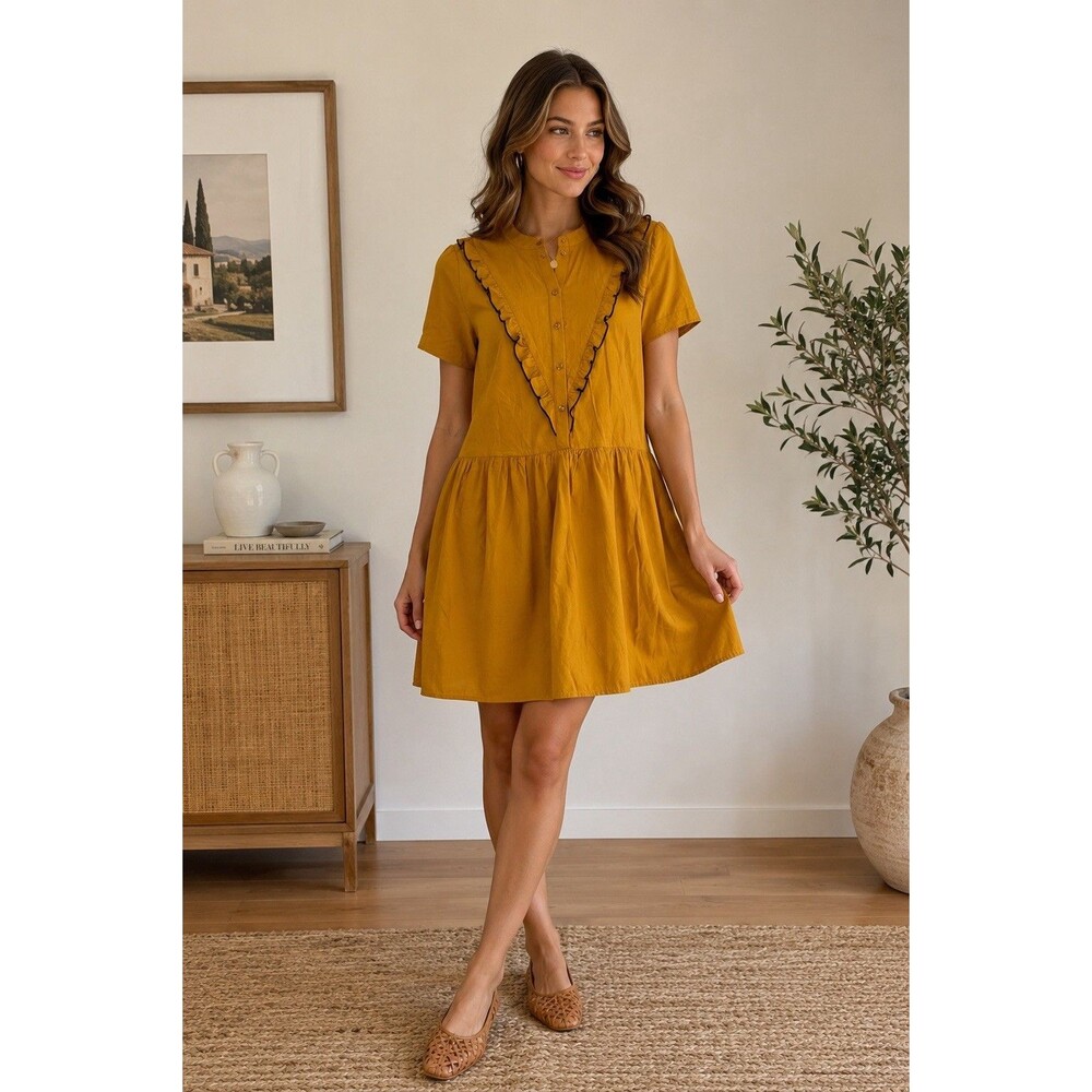 Vero Moda Mustard Ruffle Trim Babydoll Mini Dress XS Short Sleeve Boho